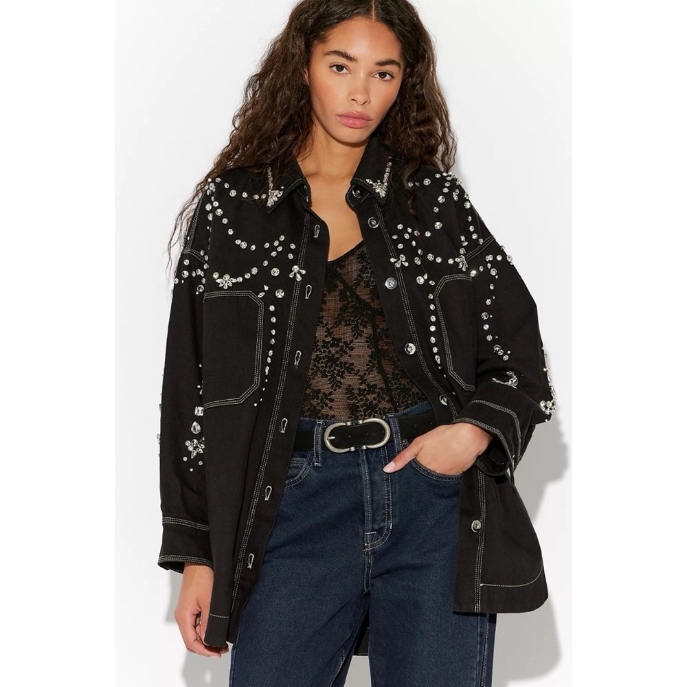 NWT Free People Silver Bells Embellished Crystal Denim Jacket Black
